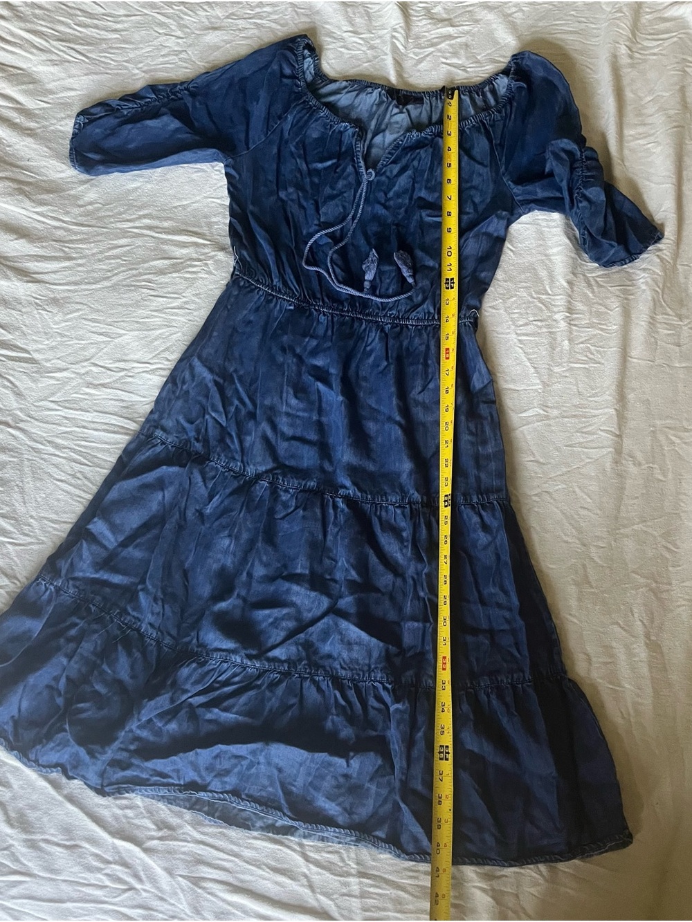 Mlle Gabrielle Navy Blue Off-Shoulder Drawstring Jeans Material Dress